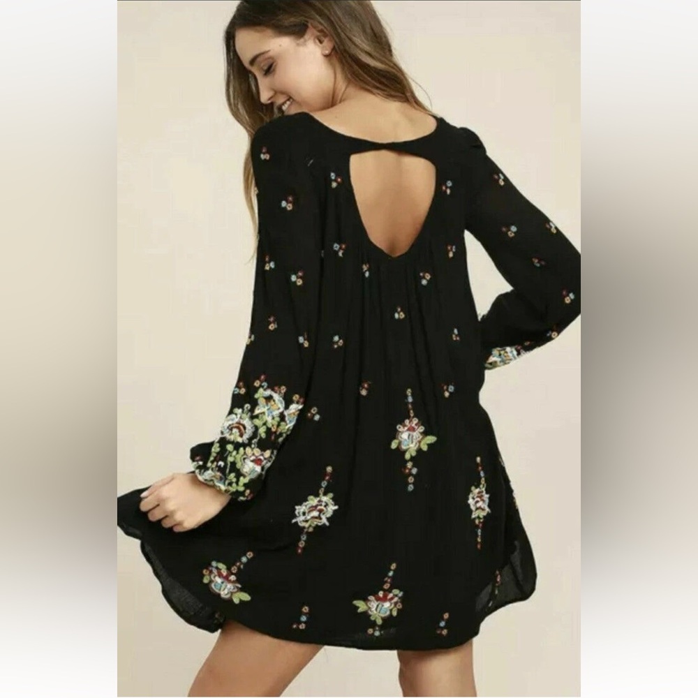 Free People Oxford Embroidered Black Shift Dress Open Back Boho small